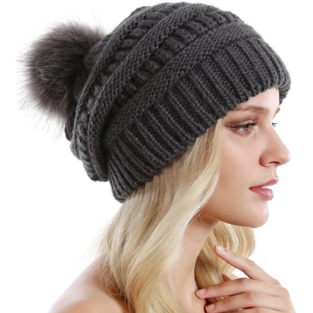 Queenfur Knit Slouchy Beanie for Women Thick Baggy Hat Faux Fur Pompom Hat - Picture 4 of 6